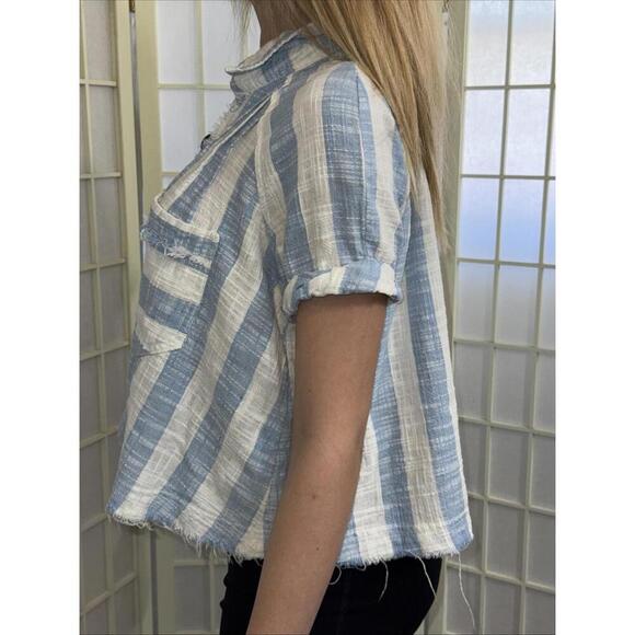 We the Free Classic Boho Beach Gauze Cropped Fringe Striped Button Blouse Small - Picture 6 of 15